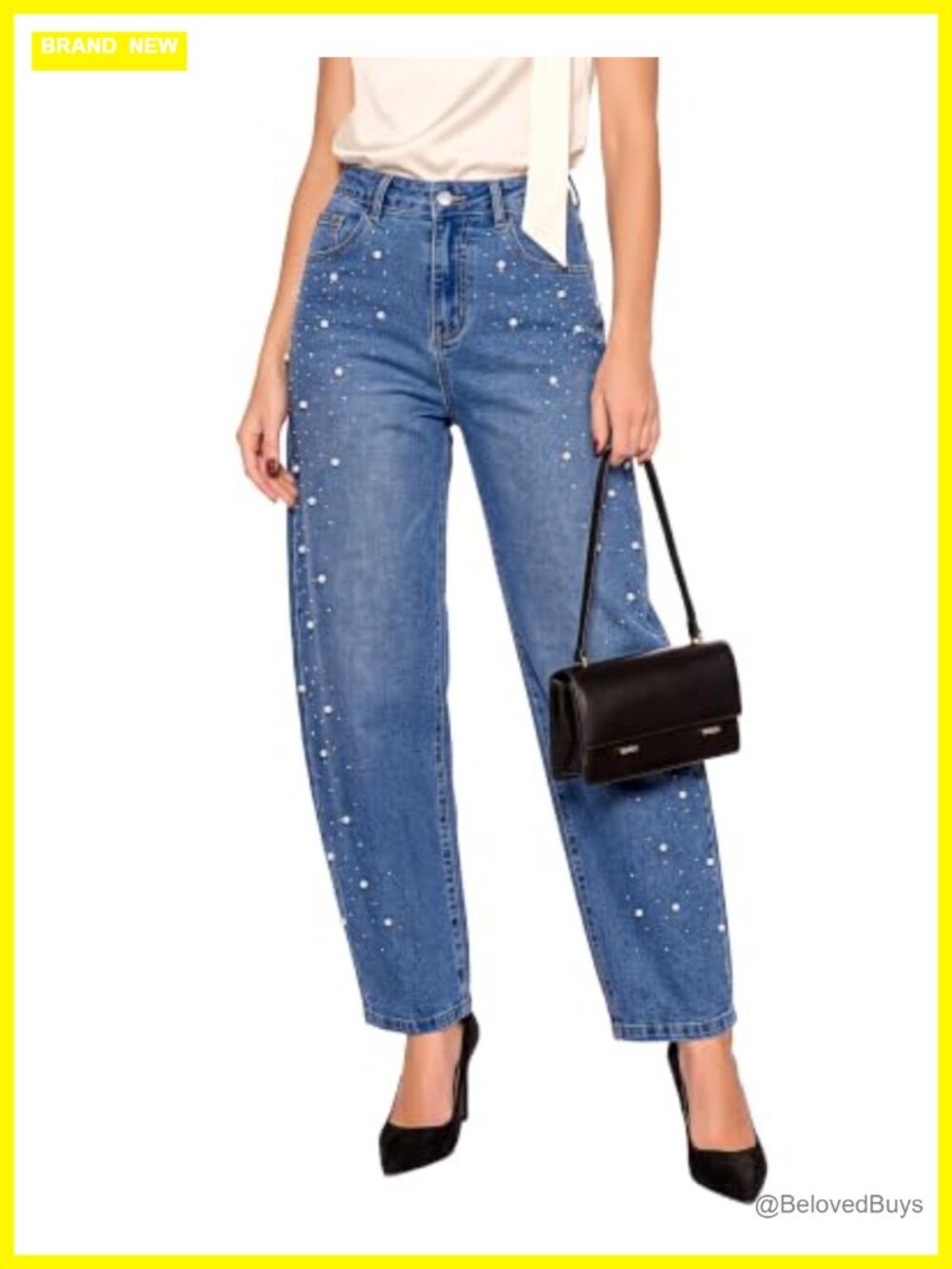 High Rise Barrel Wide Leg Jeans Rhinestone Pearl Embellished Denim Pants